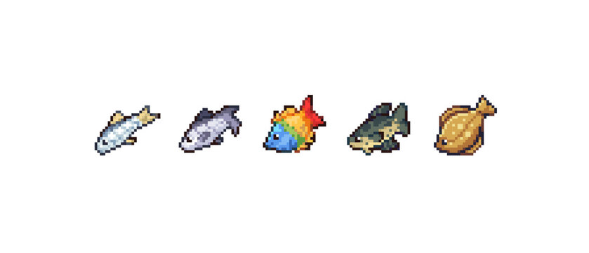 Pixel Art Fish Icons created in 32x32 resolution