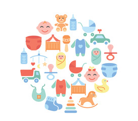 Fototapeta premium Child color round composition. Collection of icons for website. Toys, crib, boy, girl and clothes. Pacifier, crawlers and diapers. Cartoon flat vector illustrations isolated on white background