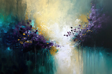 Obraz na płótnie Canvas Vibrant abstract oil painting showcases a field of tranquil lavender flowers, in a dance of color and form. Generative AI