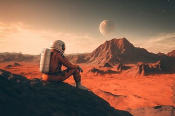 futuristic city on mars the red planet. Landscape with desert and mountains. generative ai