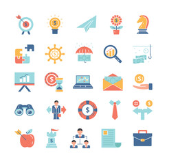 Color business strategy icons set. Collection of graphic elements. Planning and setting goals, organizing effective workflow, management. Motivation and leadership. Cartoon flat vector illustration