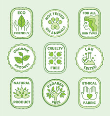 Green ecology logo set. Collection of graphic elements for website. Nature and environment, not tested on animals, ethical business. Cartoon flat vector illustrations isolated on green background