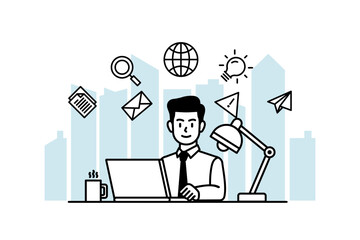 Successful business people illustration. Confident businessman drawing of company success, challenge for advancement or growth, ambition or motivation for improvement concept. Business cartoon charact