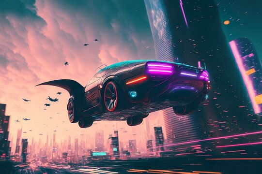 Futuristic car flying in the air above a futuristic city in cyberpunk art stye. generative ai