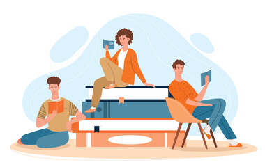 People reading books. Men and women sit on glass of literature, useful hobby and leisure. Education, learning and training, self development. Poster or banner. Cartoon flat vector illustration