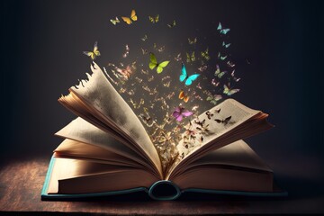 An open book with butterflies coming out of it ideal for fantasy and literature. generative ai