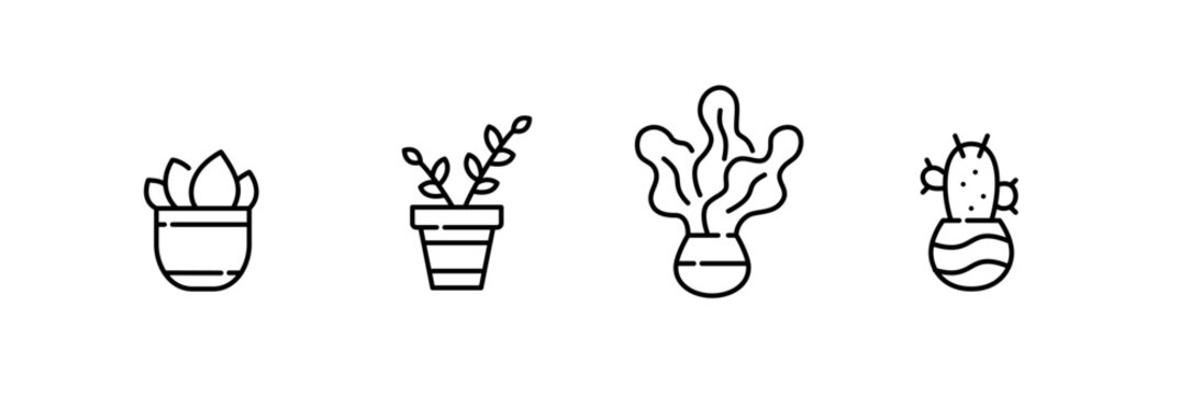 Set of 4 flower pots with leafy plants and cactus. Pixel perfect, editable stroke line icon