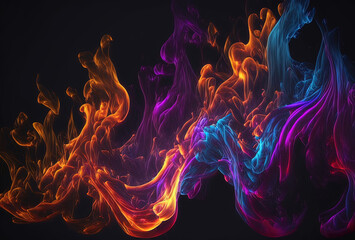 Multicolored neon fire on a dark background. Surrealistic flames of red, blue and yellow. Fantastic moving pattern. 3D render. AI generated.