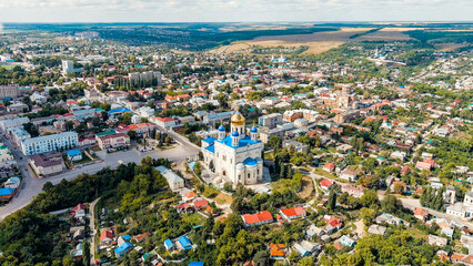 Fototapeta na wymiar Yelets, Lipetsk region, Russia. Cathedral of the Ascension. Sosna river. Historic city center, Aerial View