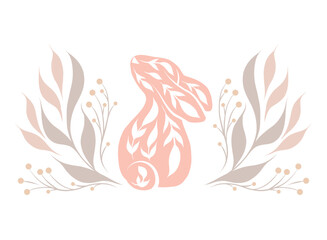 Tender card with silhouette decorated rabbit in stems wreath. Hare with foliages. Vector horizontal folk art clipart with ornamental bunny