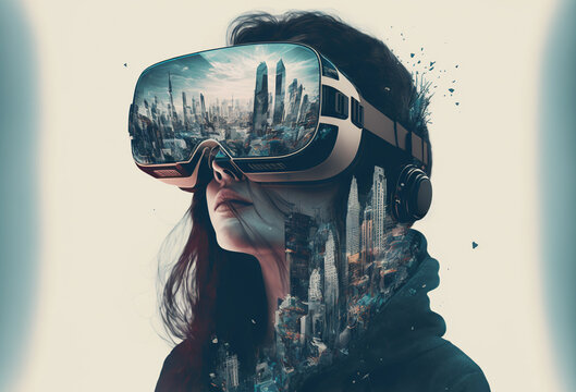 Portrait of a young girl, a woman with VR glasses immersed in virtual reality. Double exposition of big city skyscrapers, metropolis, surrealistic background.  3D rendering. AI generated
