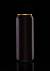 Aluminum black can mockup in selective focus isolated on black background. 500ml aluminum soda, alcohol, beer can mock up.