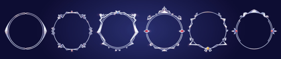 Empty circle silver frames in medieval style for game ui design. Vector cartoon set of user interface elements with iron metal thin border, decorated with gems isolated on background