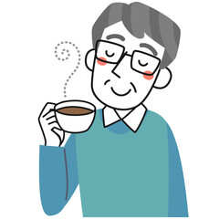 温かい飲み物を楽しむシニア男性の上半身