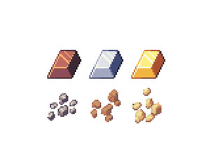 Pixel Art Ingots and Ores Icons created in 32x32 resolutions including copper or bronze, iron or steel, and gold.