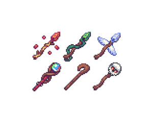 Pixel Art Magic Staff Icons created in 32x32 resolution