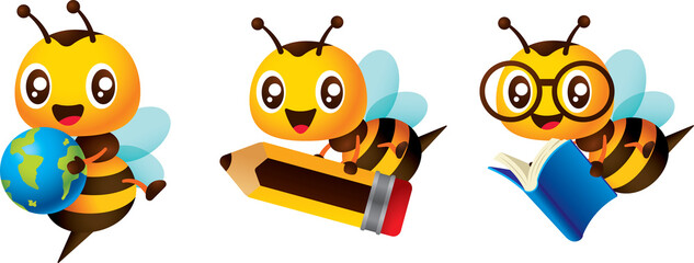 Little bee back to school collection. Cartoon honey bee education theme with holding book, pencil and globe character illustration