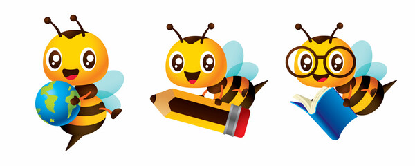 Little bee back to school collection. Cartoon honey bee education theme with holding book, pencil and globe character illustration