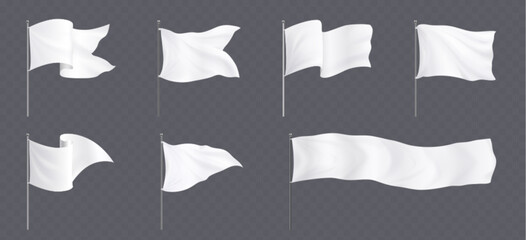 White flags and pennants on poles mockup. Blank fabric banners triangle, rectangle and corner shape on steel stand isolated on transparent background, vector realistic set © klyaksun