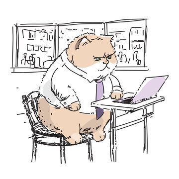 A fat cat in a white shirt and tie works on a laptop from home. Businessman's pet sketch. The concept of remote work. hand drawn vector illustration