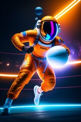 astronaut playing basketball in a space court