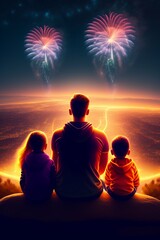 Indian family sitting on a hill watching fireworks 