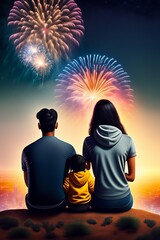 Indian family sitting on a hill watching fireworks 
