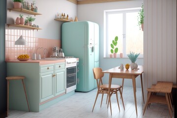 Kitchen Interior Design Mid-Century Modern Series: White walls with light wood paneling, vintage inspired furnishings, and pops of pastel hues. Generative AI
