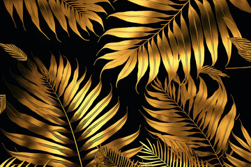Gold tropical leaves patterned background. Generative AI	
