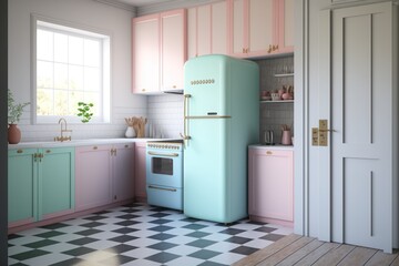 Kitchen Interior Design Mid-Century Modern Series: White walls with light wood paneling, vintage inspired furnishings, and pops of pastel hues. Generative AI
