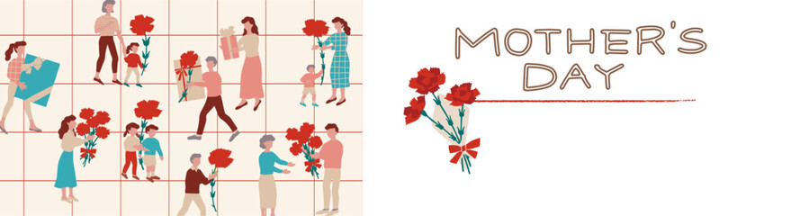 母の日のデザインに向けた、カーネーションやプレゼントを持つ親子などの人々のベクターバナーイラスト素材 Vector illustration of people holding carnations and gifts, including parents and children, for Mother's Day design.