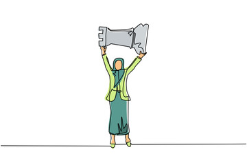 Continuous one line drawing Arab businesswoman holding, lifting rook chess piece. Successful entrepreneurship tactics or strategy, superiority in business. Single line draw design vector illustration