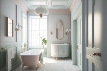 Fototapeta na wymiar Bath Room Interior Design Mid-Century Modern Series: White walls with light wood paneling, vintage inspired furnishings, and pops of pastel hues. Generative AI 