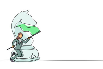 Single one line drawing Arab businesswoman running and holding flag beside big horse knight chess. Business achievement goal, metaphor concept. Continuous line draw design graphic vector illustration