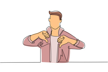Single continuous line drawing unhappy young man showing thumbs down sign gesture. Dislike, disagree, disappointment, disapprove, no deal. Emotion, body language concept. One line draw design vector