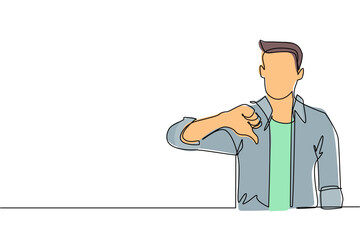 Single continuous line drawing unhappy young man showing thumbs down sign gesture. Dislike, disagree, disappointment, disapprove, no deal. Emotion, body language. One line draw graphic design vector