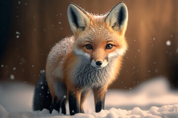 Fototapeta premium Cute fox baby in snow. generative ai