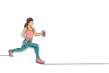 Single one line drawing woman in tracksuit doing exercises in gym. Female doing squats at gym. Fitness class for girl. Sports training for woman. Healthy lifestyle. Continuous line draw design vector