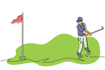 Single one line drawing of business executive young handsome man playing golf at golf course. Practice to make hole in one hit technique. Modern continuous line draw design graphic vector illustration