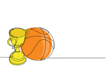 Single one line drawing trophy and basketball ball. Champion cup icon with basketball. Championship trophy. Sport tournament award, winner cup and victory concept. Continuous line draw design vector