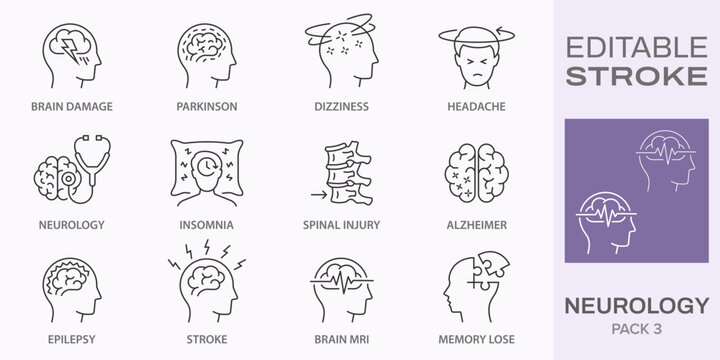 Neurology icons, such as Alzheimer, Parkinson, insomnia, epilepsy and more. Editable stroke.