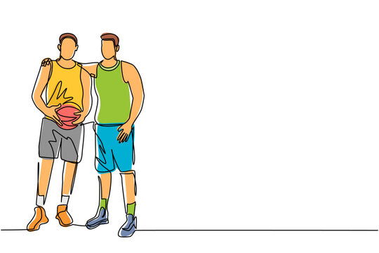 Continuous One Line Drawing Two Basketball Players Embrace Each Other. Two Friendly Man Together After Match Finished. Male Basketball Players Celebrating Game With Hug. Single Line Draw Design Vector