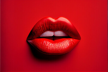 Red lips painted red lipstick on a red background, beautiful shape and texture of beauty cosmetics, lipstick. Generative AI - obrazy, fototapety, plakaty