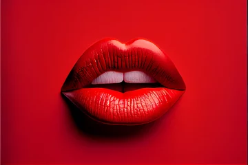 Fotobehang Red lips painted red lipstick on a red background, beautiful shape and texture of beauty cosmetics, lipstick. Generative AI © VICHIZH