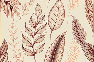 Fototapeta premium Pattern of natural leaves on beige background, pattern of leaves, flora. Generative AI