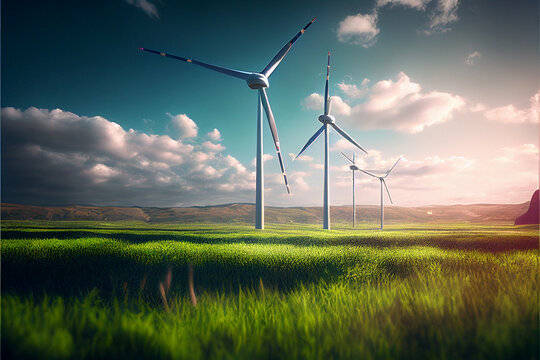  Landscape green with windmills and rivers, green energy, electricity generation, eco-concept. Generative AI
