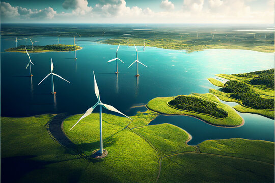  Landscape green with windmills and rivers, green energy, electricity generation, eco-concept. Generative AI