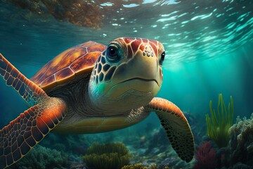 Obraz premium Portrait of a sea turtle swimming underwater. generative ai