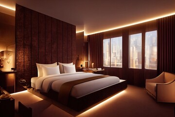 Luxury modern style bedroom, Interior of a hotel bedroom. Generative AI illustration
