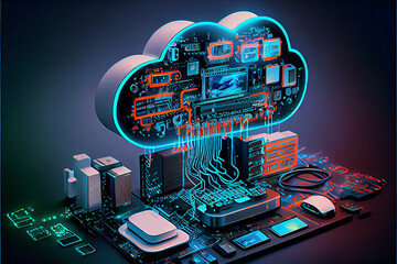 Cloud technology, computing. Devices connected to digital storage in the data center via the Internet, IOT, Smart Home Communication laptop, tablet, phone home devices with an online. Generative AI